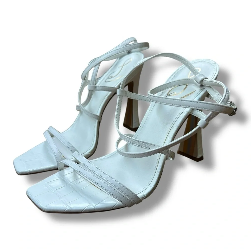 Sam Edelman Lela White Faux Leather Strappy Heeled Sandals | Women’s Size 9